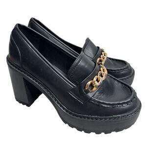 New York & Company Heeled Loafers Size 10 Black Block Heel Retro Rubber Platform